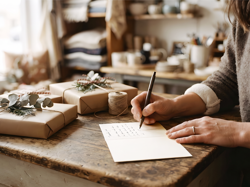 person writing in a blank note card