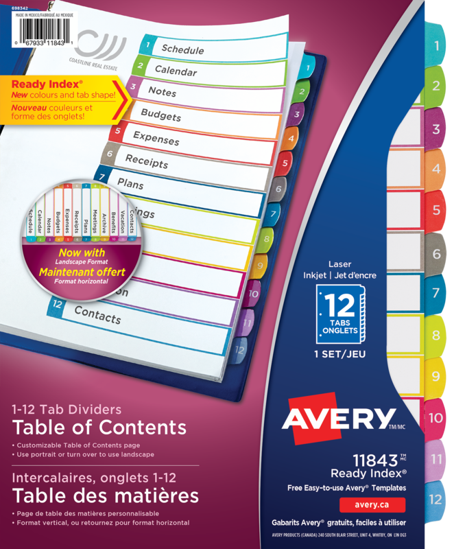 11843 Avery Customizable Table of Contents Dividers 12-Tab Set