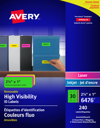 Avery® Étiquettes d'identification Voyantes Couleurs Fluo Amovibles