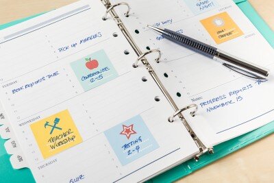Keep sheets of preprinted planner stickers (such as these square labels) to mark reoccurring events in your planner. 