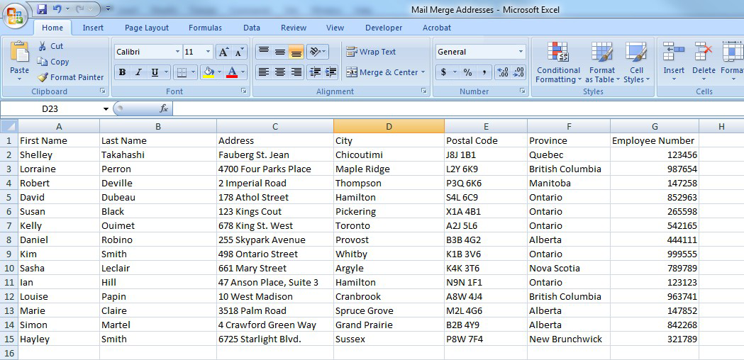 Exemple d’une feuille de calcul Microsoft Excel