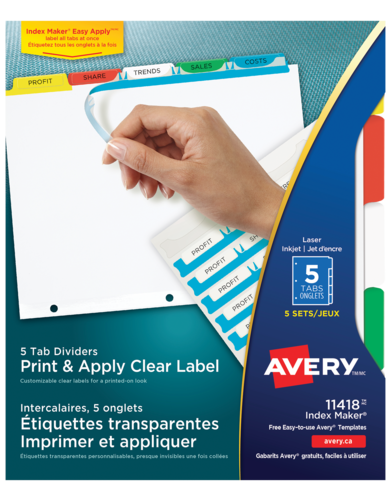 Avery® Intercalaires avec étiquettes transparentes à imprimer et à appliquer