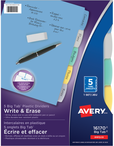 Avery® Écrire et effacer Intercalaires en plastique Big Tab™