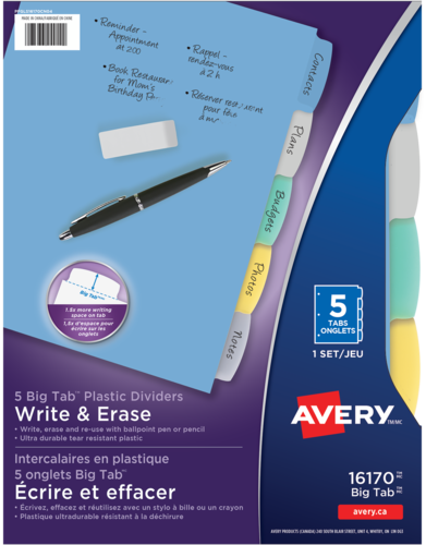  Big Tab&trade; Write &amp Erase Plastic Dividers