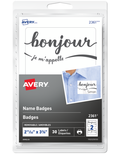 Avery&reg; Self-Adhesive “bonjour je m’appelle” –  Removable Name Badge – French
