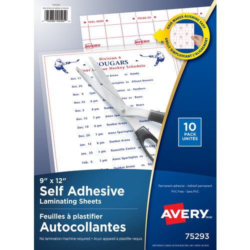 Avery® 73603 Self Adhesive Laminating Sheets, 9" x 12", Clear