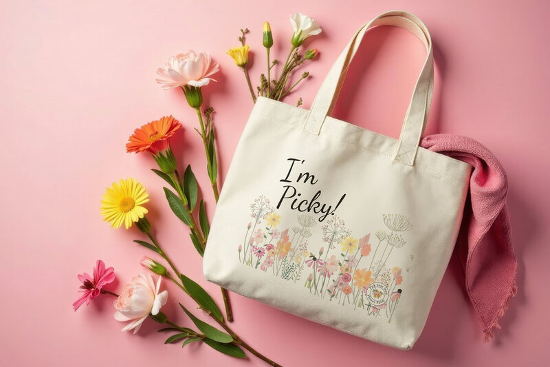 A beige totebag lies flat on a pink background. There are flowers around it and a scarf hangs out of the bag. The Tote bag has a cute floral decoration and the words: 