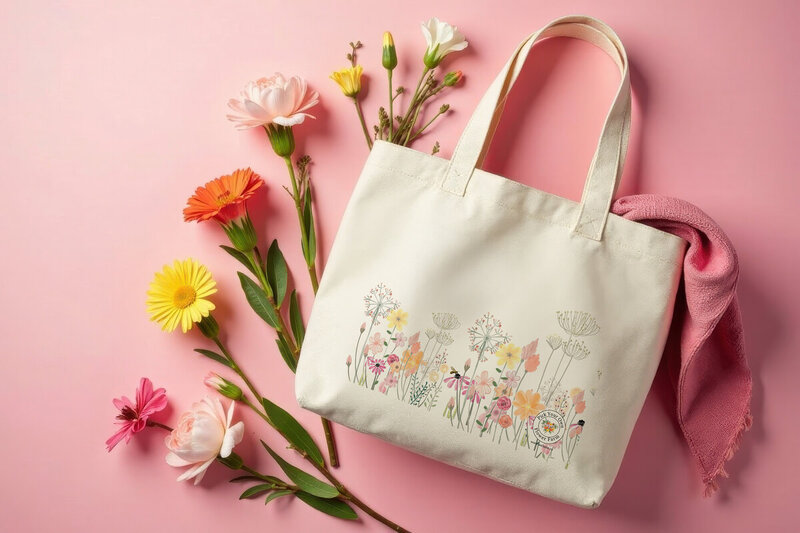 A beige totebag lies flat on a pink background. There are flowers around it and a scarf hangs out of the bag. The Tote bag has a cute floral decoration and the words: 