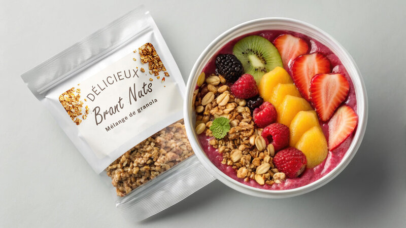 smoothie bowl with granola, along side a pack of granola with a hemp label